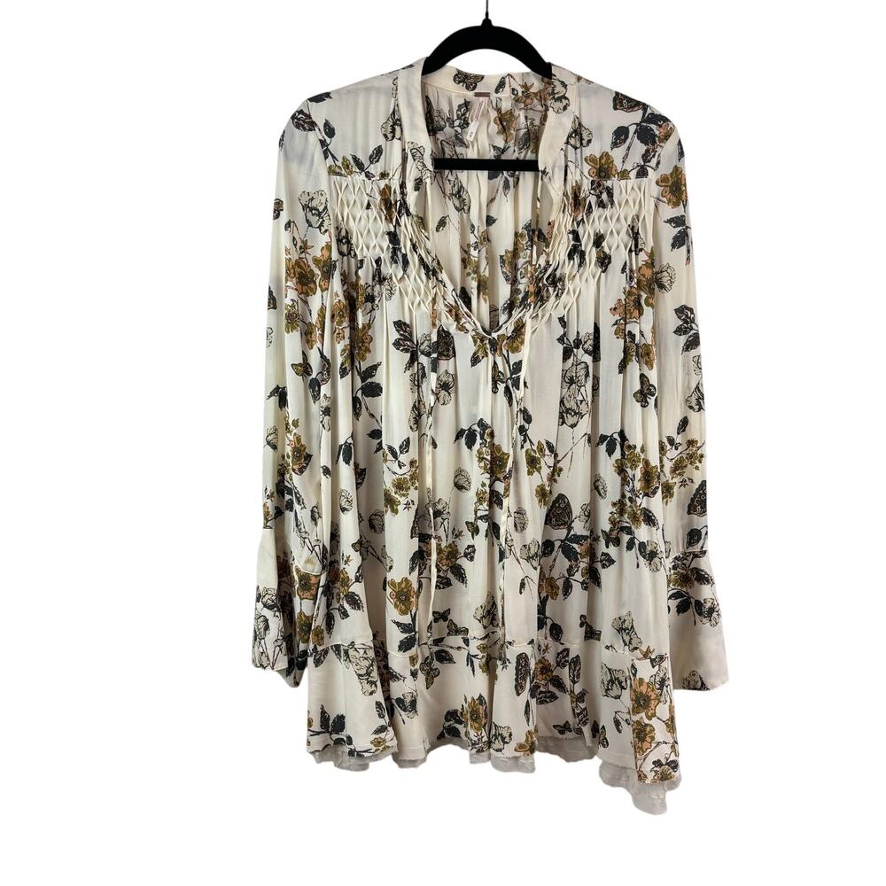 Free People‎ Pebble Crepe “So Fine” Smocked Tunic Top M — Boho Western